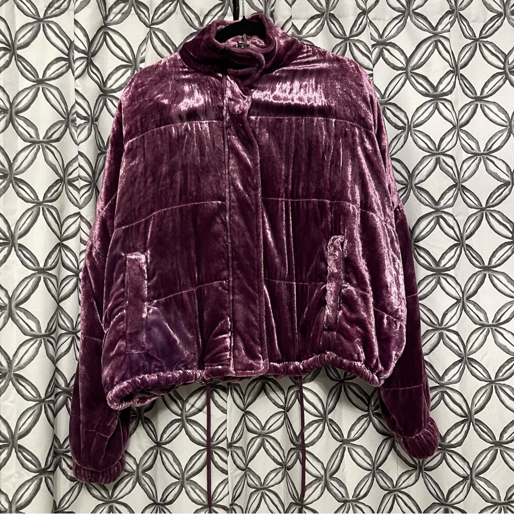Free People Plush Velvet Puffer Jacket in Deep Plum
